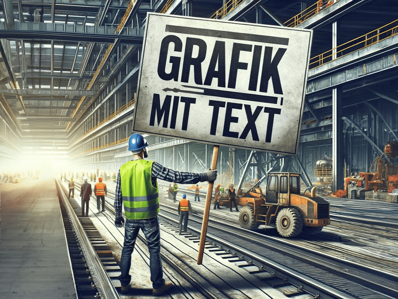 Ein Bild eines Bauarbeiters mit einem Schild mit dem Text "Grafik mit Text"