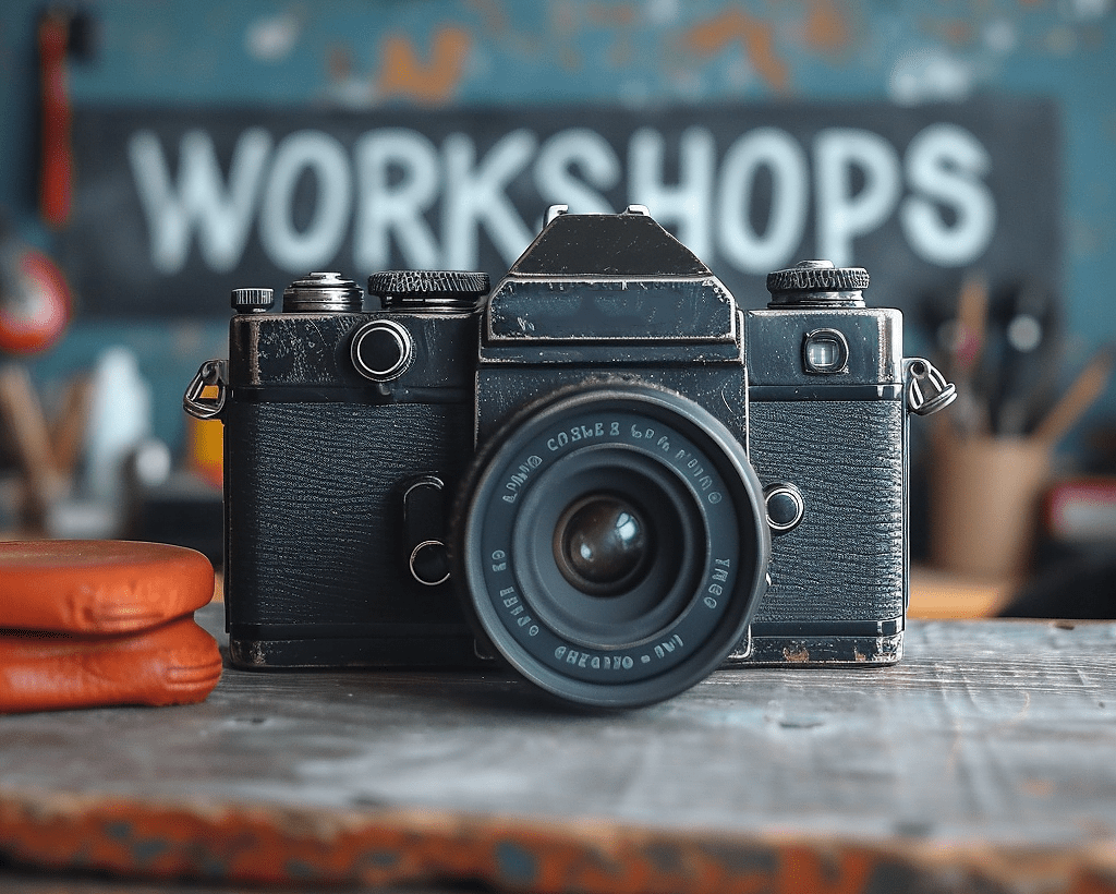 Ein Bild einer Kamera mit dem Text: "Workshops"