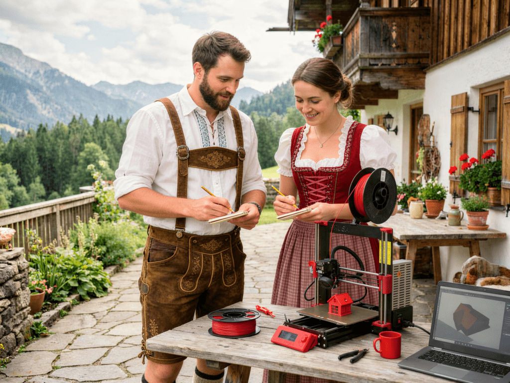 Grafik & Design Ein bayerisches Paar in traditioneller Dirndl- und Lederhosen-Tracht steht vor einem alpenländischen Holzhaus. Sie machen sich Notizen, während ein roter 3D-Drucker auf einem rustikalen Tisch ein Modell erstellt. Ein Laptop daneben zeigt das digitale 3D-Design vor einem Bergpanorama.