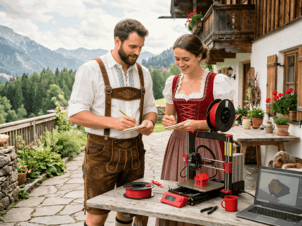 Ein bayerisches Paar in traditioneller Dirndl- und Lederhosen-Tracht steht vor einem alpenländischen Holzhaus. Sie machen sich Notizen, während ein roter 3D-Drucker auf einem rustikalen Tisch ein Modell erstellt. Ein Laptop daneben zeigt das digitale 3D-Design vor einem Bergpanorama.