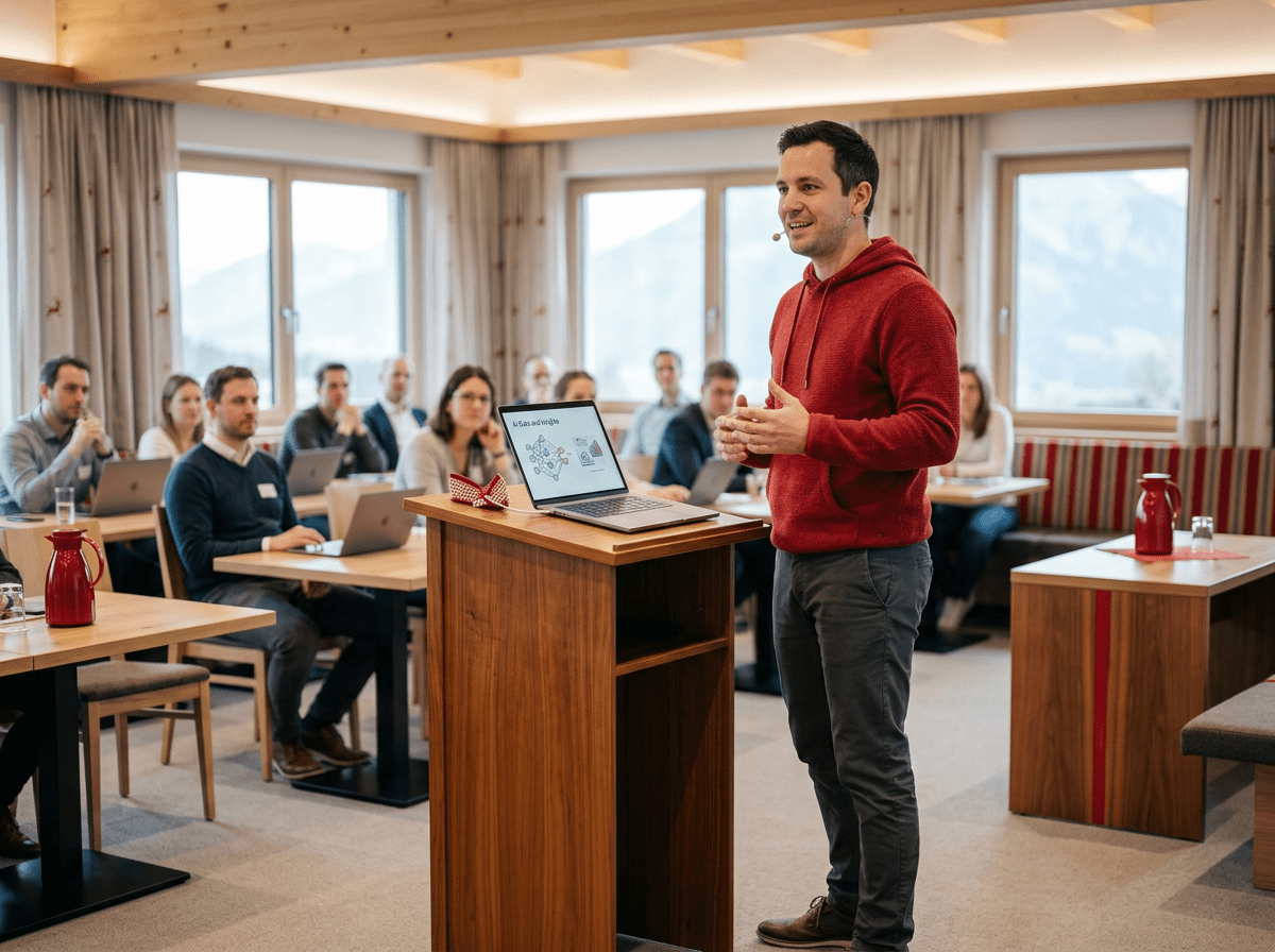 Ein Referent hält einen Vortrag über KI und Datenanalytik-Einblicke auf einem Laptop. Der Vortrag findet in einem modernen, alpenländischen Tagungsraum mit Holzdecke, großen Fenstern und Bergblick statt. Ein Publikum sitzt an Tischen und hört aufmerksam zu.