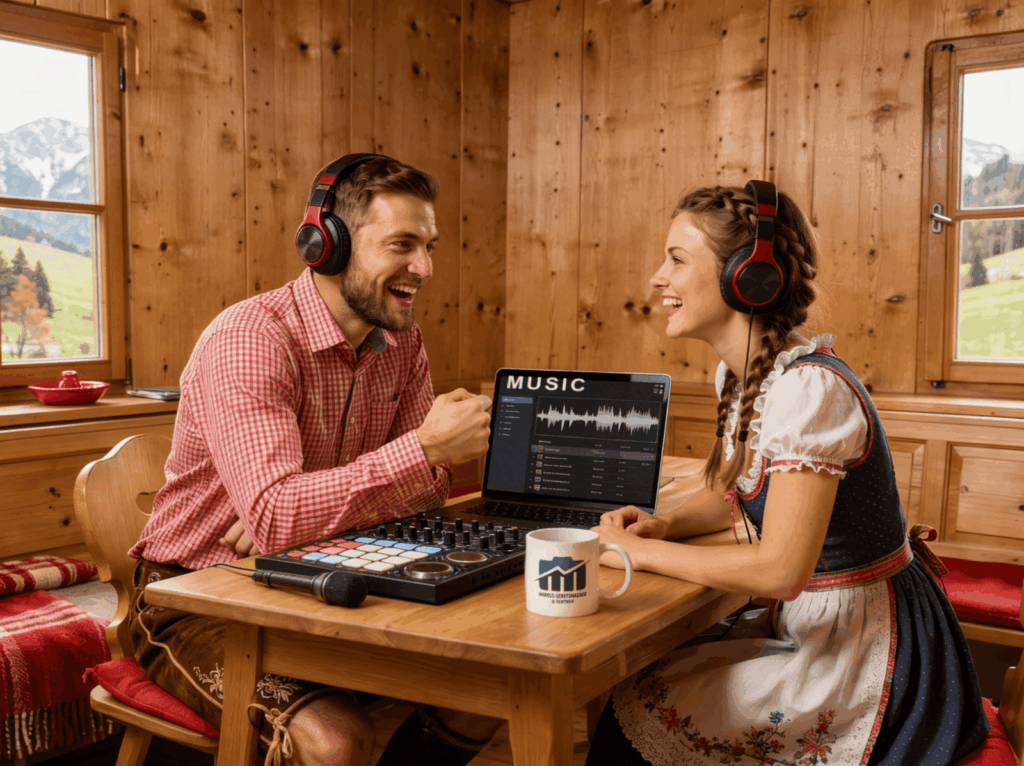 Ein bayerisches Paar in Dirndl und Lederhosen sitzt lachend an einem rustikalen Holztisch. Beide tragen Kopfhörer und sind umgeben von Musikproduktionsausrüstung wie einem DJ-Controller, einem Mikrofon und einem Laptop mit einer Wellenformanzeige. Die gemütliche Holzstube bietet Blick auf die Alpen.