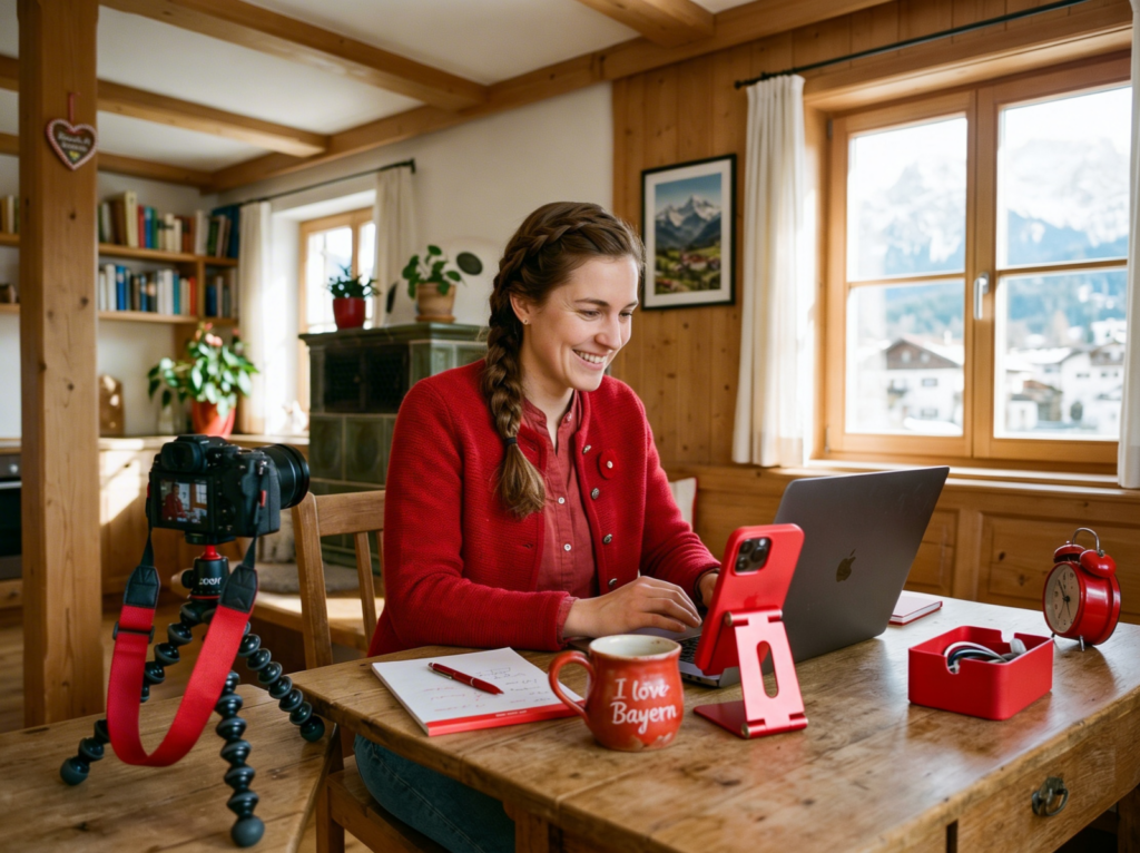 Eine lächelnde Frau mit einem geflochtenen Zopf in einer traditionellen bayerischen roten Strickjacke arbeitet an ihrem Laptop in einem gemütlichen Home Office aus Holz. Auf dem rustikalen Tisch stehen rote Accessoires, eine Tasse mit der Aufschrift „I love Bayern“ und eine Digitalkamera auf einem Stativ. Der Blick aus dem Fenster zeigt eine verschneite Alpenlandschaft.