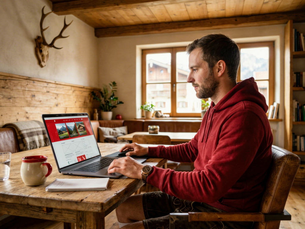 Ein bärtiger Mann in traditionellen Lederhosen und einem roten Hoodie sitzt an einem rustikalen Holztisch und konzentriert sich auf seinen Laptop. Die Website auf dem Bildschirm zeigt Angebote für Almhütten. Der Arbeitsplatz befindet sich in einer gemütlichen bayerischen Holzstube mit Bergblick und einem Hirschgeweih an der Wand.
