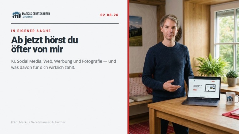 Markus Geretshauser in seinem Büro, daneben der Schriftzug: Ab jetzt hörst du öfter von mir