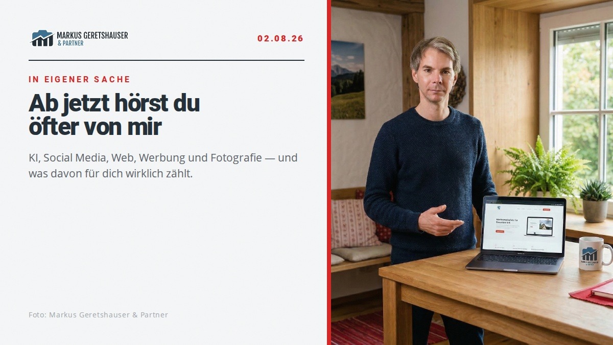 Markus Geretshauser in seinem Büro, daneben der Schriftzug: Ab jetzt hörst du öfter von mir