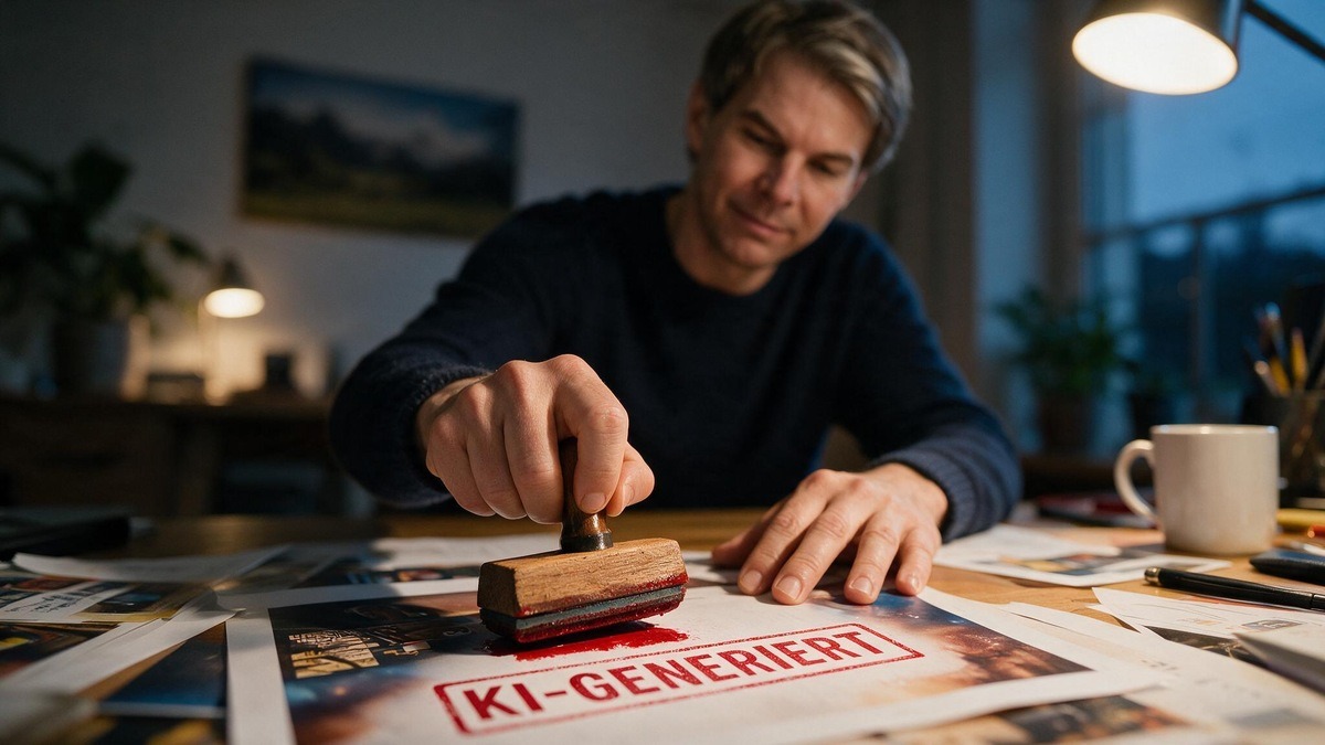 Markus Geretshauser stempelt KI-GENERIERT auf eine gedruckte Anzeige