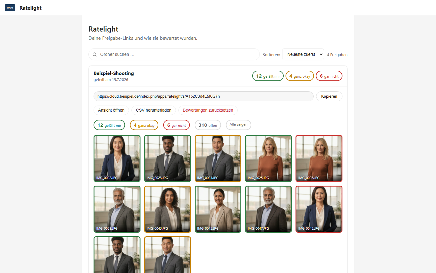 Auswertung einer Freigabe mit Link, CSV-Export und Filter nach Farbe